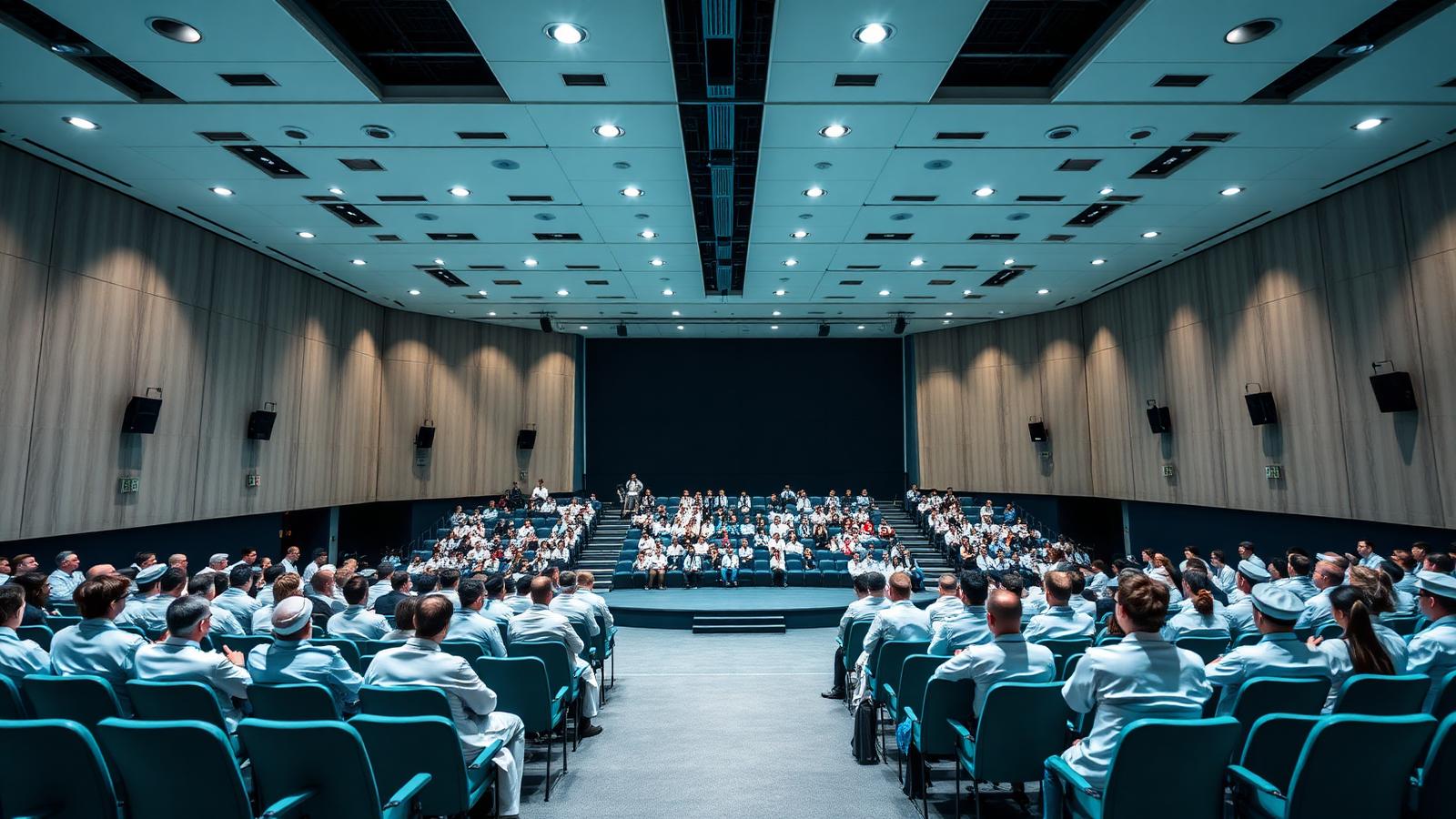 Auditório amplo de congresso médico com público de profissionais da saúde e iluminação em tons de azul
