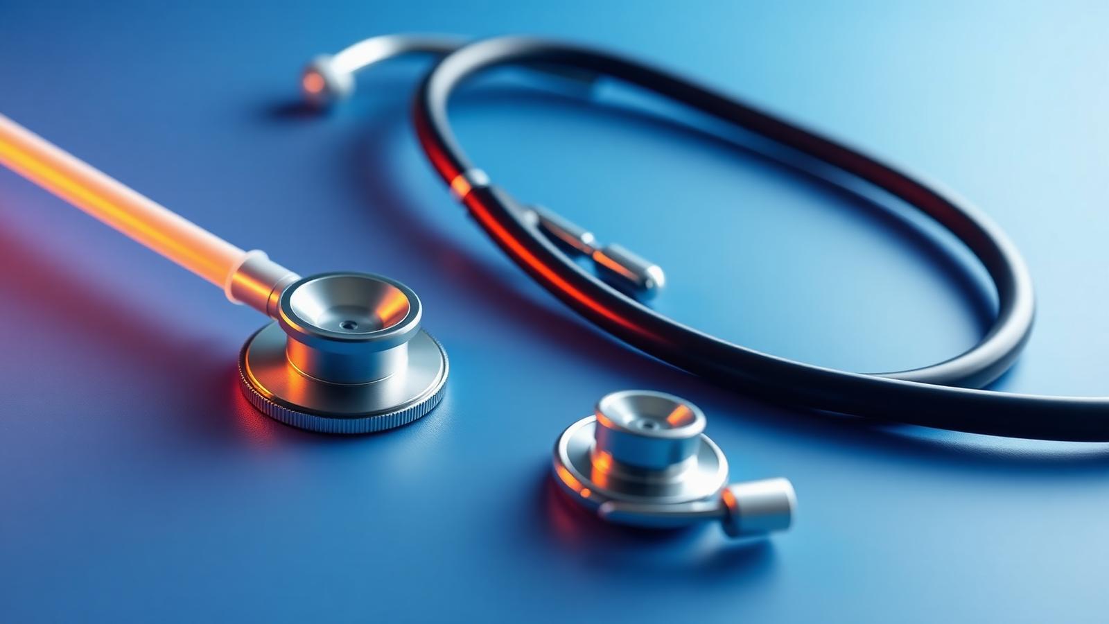 Estetoscópio metálico sobre fundo azul com destaque de iluminação alaranjada, simbolizando tendências em cardiologia